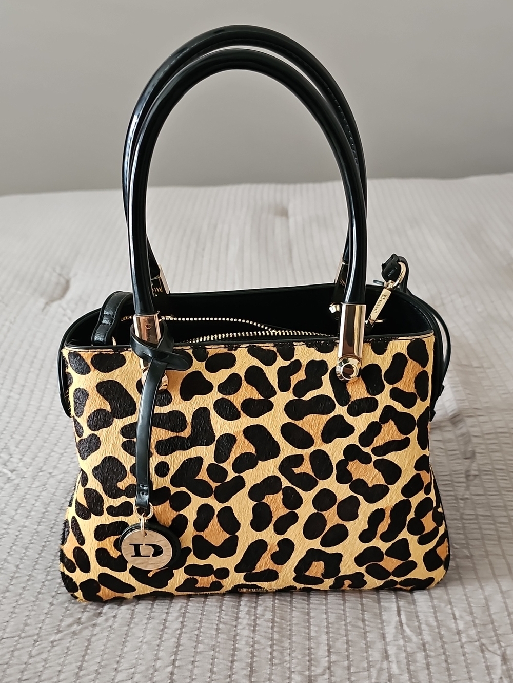 Leopard Print Calf Hair Leather Top-Handle Women's Handbag - Black & Tan